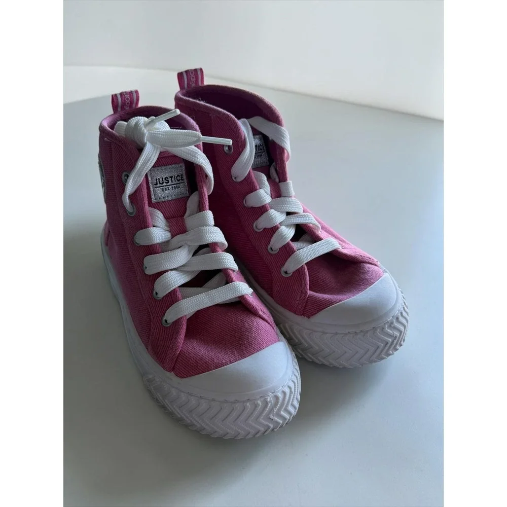 Justice Sport Girls Pink Canvas High Top Sneakers Silver Heart Size 4 Kids